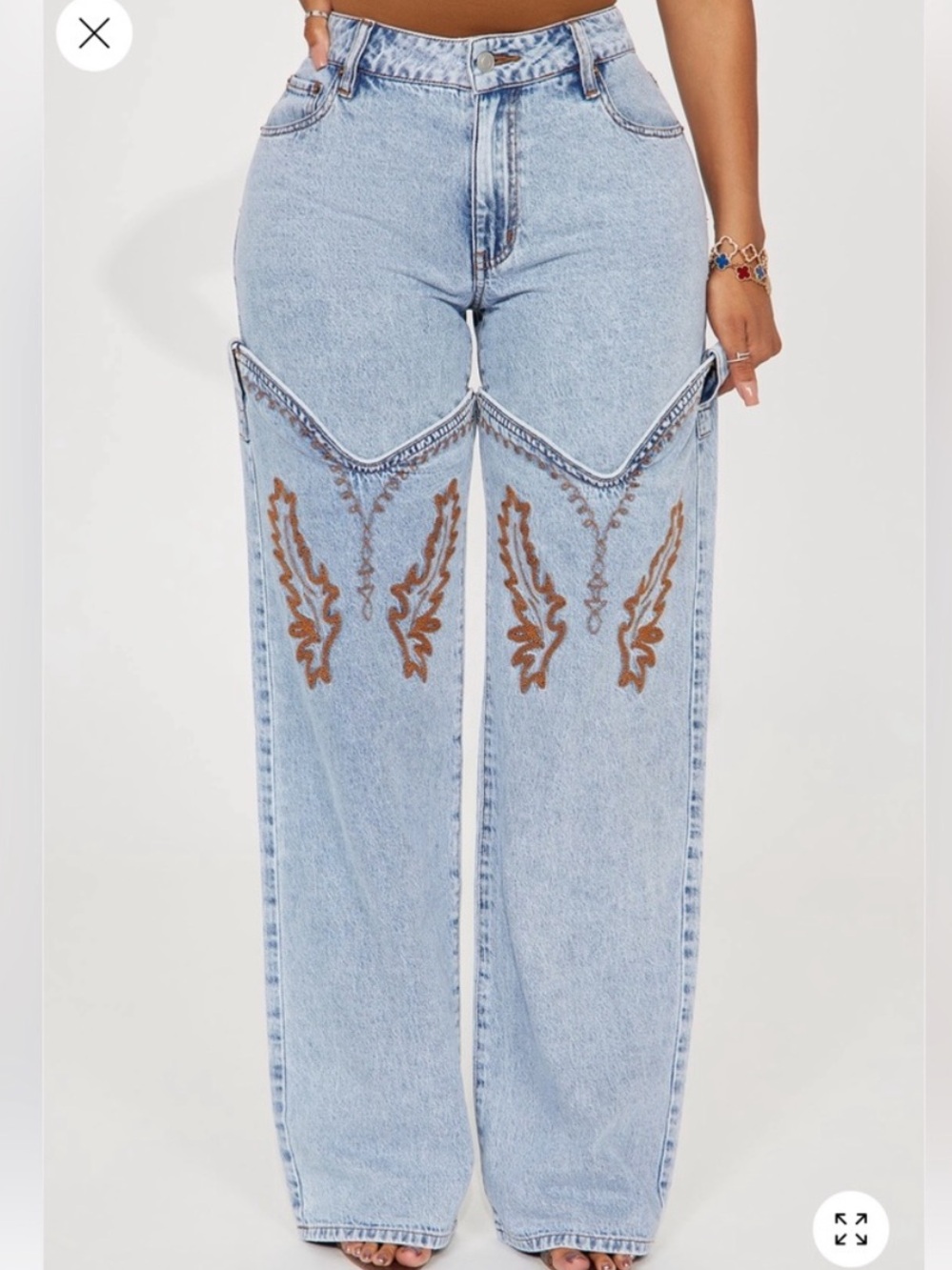 Fashion Nova Light Wash Wide Leg Jeans with Brown Western Embroidery